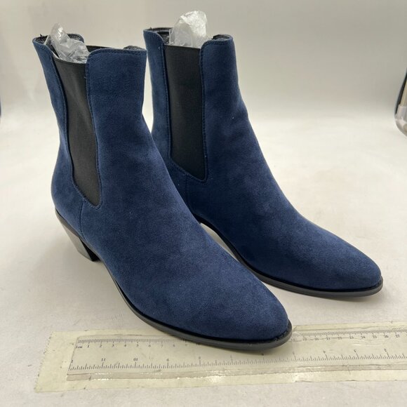 FOWT Deep Blue Men Fashion Round Toe Block Low Heel Stretchy Pull On Ankle Boots